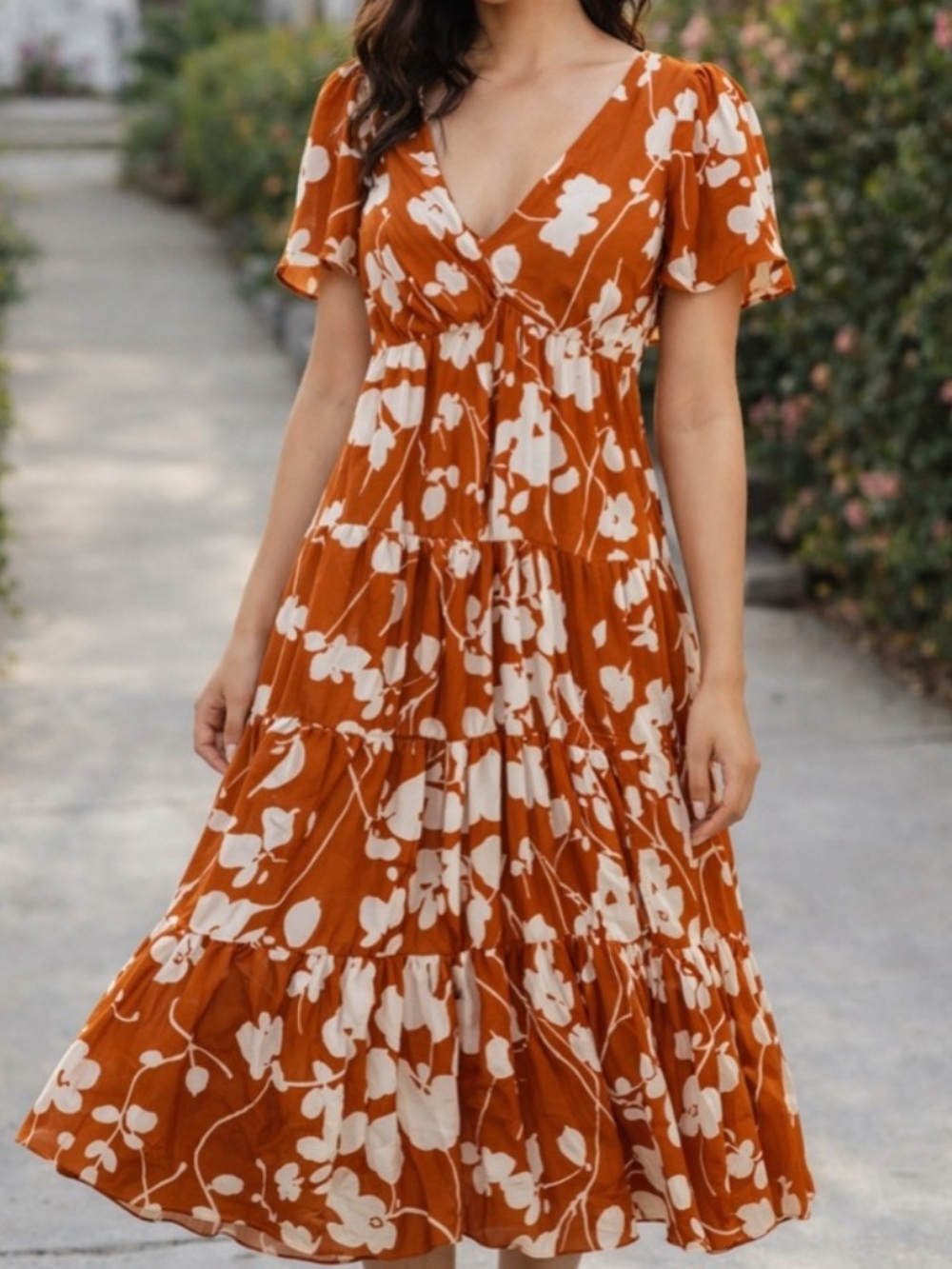 Abercrombie & Fitch Floral Tiered Midi Dress Front Slit Burnt Orange XST NWT